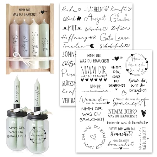 2 Blatt Nimm dir was du brauchst Kerzen Geschenk Set Kerzen Tattoos Aufkleber mit Rub On Sticker Transferaufkleber Kerzenhalter Rub Ons Mitbringsel Geburtstag Dankeschön Geschenke für Frauen Freundin von BOOMTOP
