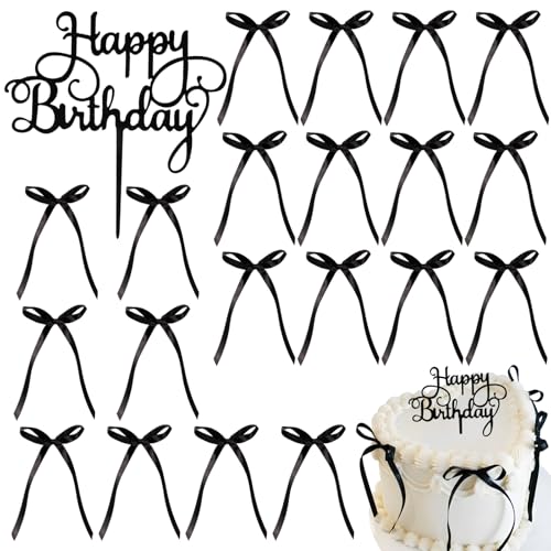 21pcs Tortendeko Schleife Schwarz Klein Cake Topper Happy Birthday Acryl Geburtstag Kuchendeko Schleifen Deko Torten Topper Cupcake Tortenstecker Geburtstagstorte Kuchen Dekoration Tortenaufsatz von BOOMTOP