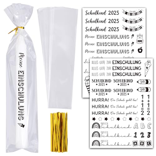 2Blatt Kerzen Tattoos Folie Endlich Schulkind 2025 Kerzenaufkleber Schulanfang Geschenk Kerzensticker mit 50 Klein Kerzentüten Alles Gute zur Einschulung Schwarz Wasserschiebefolie für Kerzen Keramik von BOOMTOP