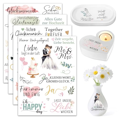 4 Blatt Rub On Sticker Hochzeit Transferaufkleber Rub Ons Alles Liebe zur Hochzeit Deko Geschenk Aufkleber Selbstklebend Bunt Rub On Folie für Glas Holz Keramik DIY Hochzeitsdeko Geschenkideen von BOOMTOP