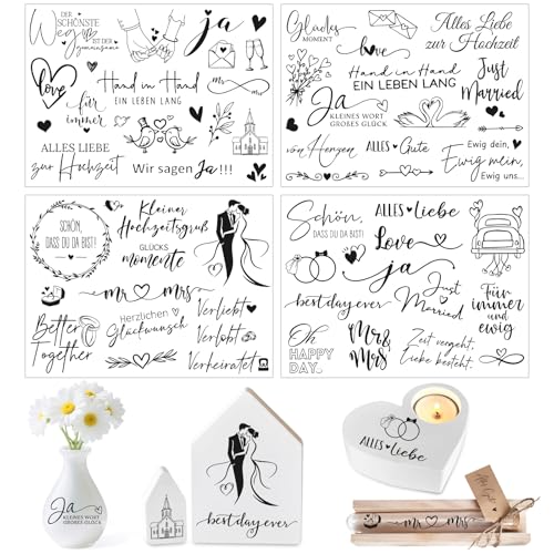 4 Blatt Rub On Sticker Hochzeit Transferaufkleber Rub Ons Alles Liebe zur Hochzeit Deko Geschenk Aufkleber Selbstklebend Rub On Folie für Glas Holz Keramik Schwarz DIY Hochzeitsdeko Geschenkideen von BOOMTOP