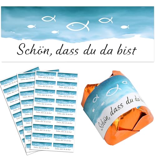 52 Aufkleber Schön, dass du da bist Taufe Hochzeit Gastgeschenke Sticker Schokolade Fisch Blau Pralinenaufkleber für Konfirmation Kommunion Geburtstag für Küsschen Pralinen Rechteckig 5x1,8cm 52 Aufkleber Schön, dass du da bist Taufe Hochzeit Gastgeschenke Sticker Schokolade Fisch Blau Pralinenaufkleber für Konfirmation Kommunion Geburtstag für Küsschen Pralinen Rechteckig 5x1,8cm von BOOMTOP