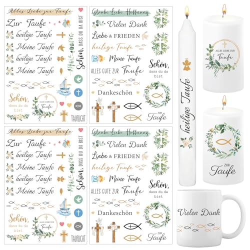 BOOMTOP 4x Kerzen Tattoos Folie Taufe Kerzentattoo Kerzenfolie Kerzen Aufkleber Taufkerze Kommunion Sprüche Sticker mit Blättern Kerzensticker für Stabkerze Kerzen Tasse DIY Geschenk von BOOMTOP