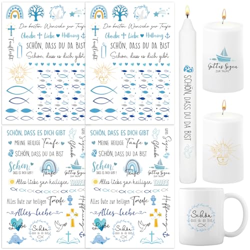 BOOMTOP 4x Kerzen Tattoos Folie Taufe Kerzentattoo Kerzenfolie Rub On Sticker Zur Taufe Kerzen Aufkleber Fisch Taufkerze Kommunion Sprüche Sticker Blau Kerzensticker für Stabkerze Kerzen Tasse von BOOMTOP