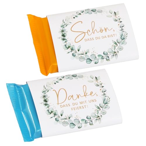 BOOMTOP 50 Schokoladenbanderole Schön dass du da bist Schokolade Aufkleber Gastgeschenk zur Hochzeit Geburtstag Mini Schokoladen Banderolen Eukalyptus Taufe Kommunion Sticker von BOOMTOP