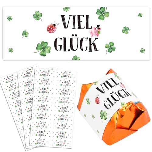 56 Aufkleber Viel Glück Pralinenaufkleber Glücksbringer Prüfung Abitur Geschenke Schokoladen Sticker für Bachelor Master ABI Prüfung Silvester Weihnachten Kleeblatt Küsschen Gastgeschenke 5x1,8cm von BOOMTOP