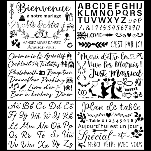 BOOMTOP 6pcs Französisch Schablonen Hochzeit Malschablonen Zeichenschablonen Buchstaben und Zahlen Willkommensschild Dekoration von BOOMTOP