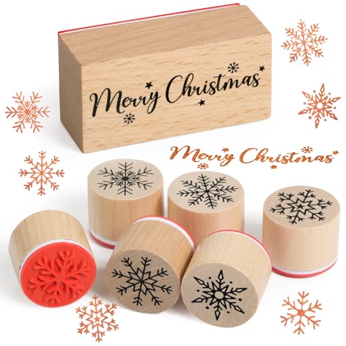 BOOMTOP 7Pcs Weihnachten Stempel Holz Rund Holzstempelset Merry Christmas Schneeflocke Stempel Rechteckig Weihnachtsstempel Klein Motivstempel Kinder für Kartenbasteln Scrapbooking Geschenkpapier von BOOMTOP