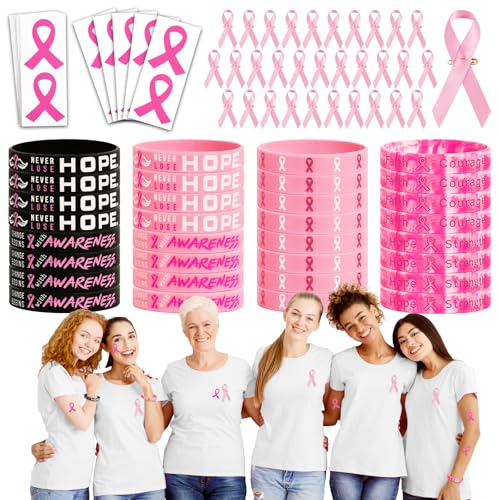BOOMTOP 80pcs Brustkrebs Bewusstsein Deko Cancer Du Sein 32x Schleife Pins Brosche 32x Hope Armbänder und 16x Temporäre Tattoos Rosa Oktober Accessoires Set von BOOMTOP