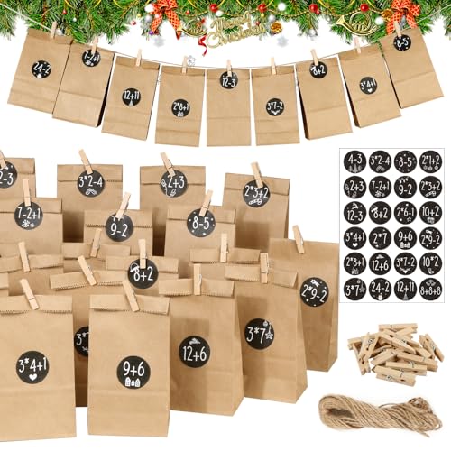 BOOMTOP 2024 Adventskalender zum Befüllen 24 Tüten Kraftpapier Papiertüten mit Zahlen Aufkleber 1-24 Weihnachten Tüten Geschenktüte Weihnachtskalender zum Selber Basteln mit Klammern und Juteschnur von BOOMTOP