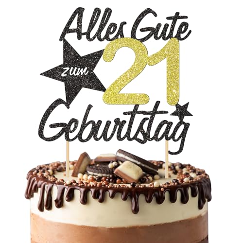 BOOMTOP Torten Deko 21 Geburtstag Deko Kuchen Junge Mädchen Happy 21th Birthday Cake Topper Alles Gute zum Geburtstag 21 Jahre Kindergeburtstag Kuchen Topper 21 Geburstagstorte Deko Gold Schwarz von BOOMTOP