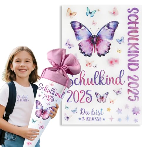 Bügelbild Schulkind 2025 für Textilen Schmetterling Einschulung Geschenk Schulanfang Bügelbilder Aufnäher Shirt Beutel Schultüte Kleidung Bügelfolie zum Aufbügeln Transferaufkleber Selbst Gestalten von BOOMTOP