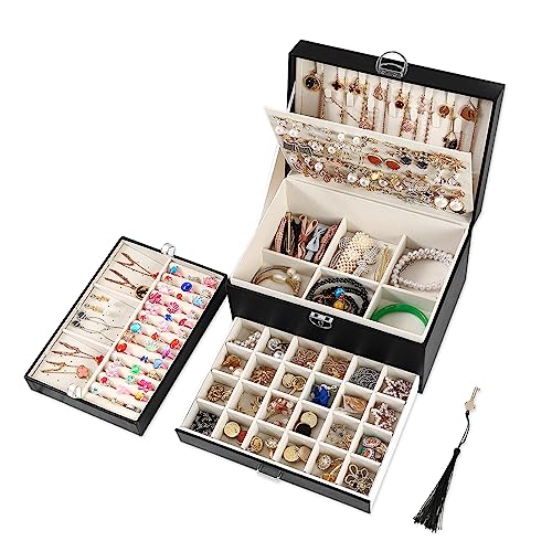 BOOVO Ohrring-Schmuckschatulle für Frauen und Mädchen, 5 Ebenen, Schmuck-Organizer-Box für Mädchen, mit Schloss, Ohrringhalter, Organizer, Halskette, Ring, Schmuck-Organizer für Mädchen (schwarz) von BOOVO