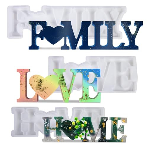3 Stück Epoxidharz Formen Buchstaben Set, Resin Gießharz Silikonform Kit 3D Harz Gießen Formen Set 3D Silikonform Love Home Family Live, für DIY Schmuck, Home Dekoration und Tisch Dekoration von BORDEAG