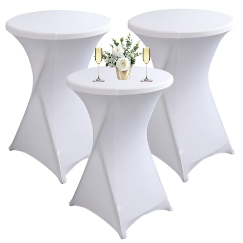 BORDEAG Stretch Stehtisch Husse für Bistrotisch,3 Stück Stretch Stehtischhusse,Stehtischhussen 80×110cm,Verstärkung im Fußbereich,Hussen Stehtische für Hochzeit Bankett Gartenparty (Weiß 3er Pack) von BORDEAG