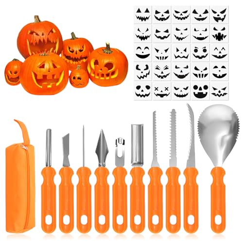 Halloween Kürbis Schnitzset, 10 Stück Sichere Edelstahl Kürbis Schnitzwerkzeuge, Kürbis Schnitzen Set mit Tragetasche 25 Stück Schnitzvorlagen, Kürbis Schnitzen Werkzeug für DIY Kürbis Halloween Halloween Kürbis Schnitzset, 10 Stück Sichere Edelstahl Kürbis Schnitzwerkzeuge, Kürbis Schnitzen Set mit Tragetasche 25 Stück Schnitzvorlagen, Kürbis Schnitzen Werkzeug für DIY Kürbis Halloween von BORDEAG