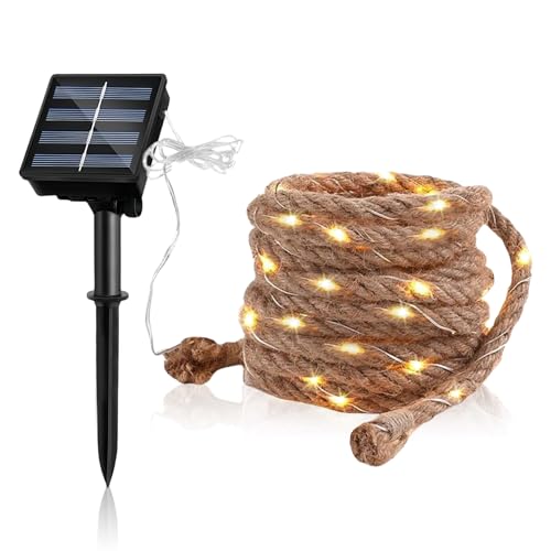 Solar Lichterkette Seil, 7M Solar Lichterkette Aussen, Gartenleuchte mit 100 LEDs, IP65 Baumwollseil Solarlichterkette Außen, Solar Rope Lights für Garten Balkon Terrasse Weihnachten Party, Warmweiß von BORDEAG