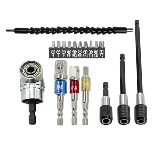 18pcs Flexible Bohrer -Bit -Verlängerungssatz, 105 ° Rechtsansatzanhang, rotierbare Gelenk- und Hex -Sockeladapter (1/4, 3/8, 1/2), biegbare Verlängerung für Bohrer von BORDSTRACT