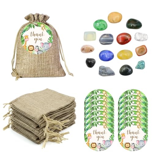 BORISCA 15 Edelsteine für Kinder, 15 Glückssteine für Kinder+ 15 Jutesäckchen +15 Dschungel Tiere Hang Tag, Bunte Glücksbringer Steine Party Mitgebsel für mitbringsel kindergeburtstag Gastgeschenke von BORISCA