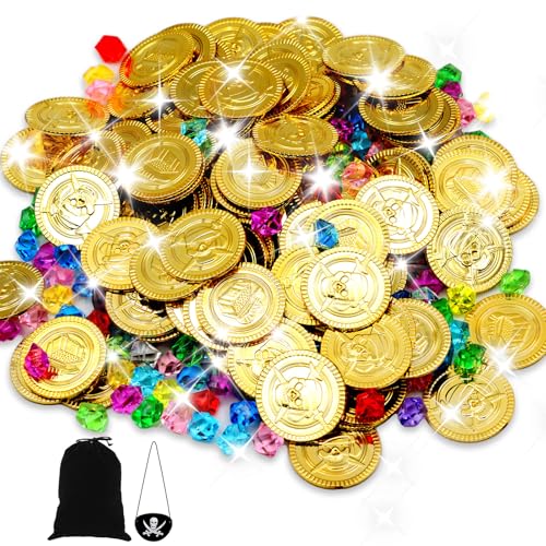 BORISCA 300 Stück Goldmünzen Piratenschatz Set, 100 Stück Piraten Goldmünzen + 200 Stück Edelsteine für Kinder + Piratenaugenklappe + Kordelzugbeutel, Diamanten Piraten Gold für Kindergeburtstag von BORISCA