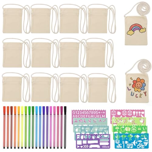 BORISCA 40 Stück Stoffbeutel zum Bemalen Kinder, 14 Beutel zum Bemalen mit 18 Farbige Stifte und 8 Malschablonen, DIY Kleine Schultertaschen für Schulen, Bastelkurse, DIY-Geschenke von BORISCA