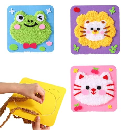 BOSENIYU DIY Stickerei Puppe Set, Kreatives Cartoon Wolle Tier Nähen Bastelset für Kinder (Frösche, Löwen, Affen) von BOSENIYU