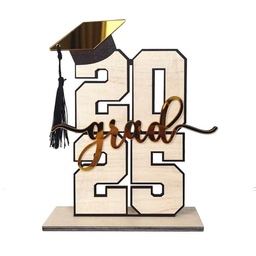 BOSSETY Abschlussfeier Graduation Dekoration 2025, 3D-Ornamente- 2025 grad– Holz-Schreibtischdekoration zur Abschlusssaison, Geschenke zum Schulabschluss, ABI 2025 Deko, Abschlussfeier Deko (Beige) von BOSSETY