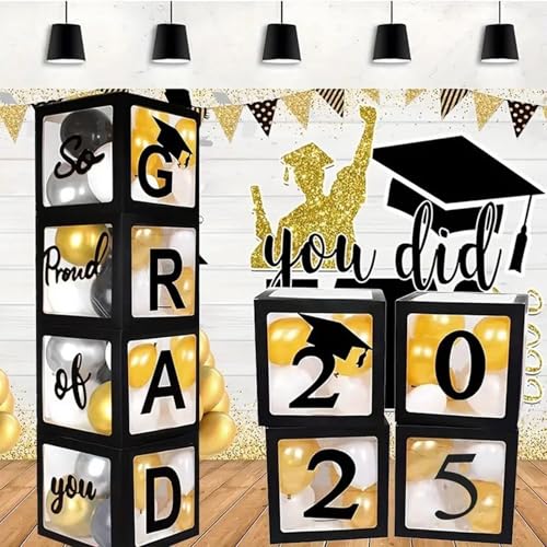 BOSSETY Abschlussfeier Graduation Dekoration 2025, 4PC 25cm schwarze große Boxen für Ballons + 12*Buchstaben-Logo, ABI 2025 Deko, Für Abschlusspartys und Fotohintergründe, graduation deko von BOSSETY