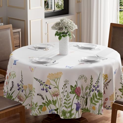 BOTB LIHM Tischdecke, Motiv: Wasserfarben, Wildblumen, Schmetterlinge, rund, waschbar, für Sommer, saisonal, für drinnen und draußen, Esstisch, Zuhause, Party-Dekorationen, 152,4 x 152,4 cm von BOTB LIHM