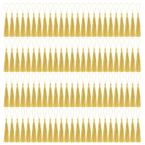 BOUBONI 100 Stück Quasten Champagnergold Weich Seidig Handgefertigte Mini Quasten für Lesezeichen Anhänger Schmuckherstellung DIY Bastelzubehör Schlüsselanhänger Zubehör Kleiderdekoration von BOUBONI