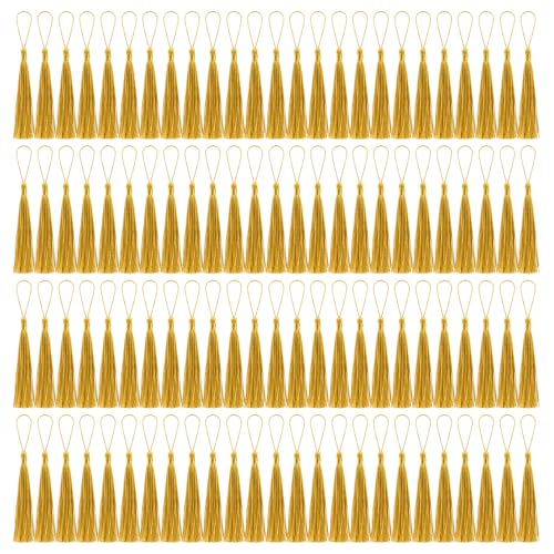 BOUBONI 100 Stück Quasten Gold Weich Seidig Handgefertigte Mini Quasten für Lesezeichen Anhänger Schmuckherstellung DIY Bastelzubehör Schlüsselanhänger Zubehör Kleiderdekoration von BOUBONI
