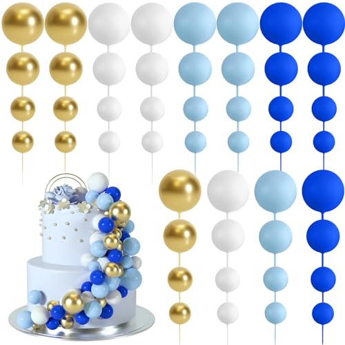 BOUBONI 48 Stück Tortendeko Kugeln Cake Topper Kuchen Kugeln Dekorationen Ballon Cupcake Tortenaufleger für Geburtstag Party Hochzeit Babyparty Kuchendekoration (Königsblau, Hellblau, Weiß, Gold) von BOUBONI