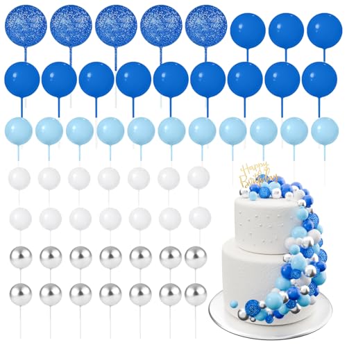 BOUBONI 60 Stück Tortendeko Kugeln Cake Topper Kuchen Kugeln Dekorationen Mini Ballons Tortenaufleger für Torte Dekorieren Geburtstag Party Babyparty (Glitzer Blau Serie) von BOUBONI