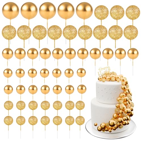 BOUBONI 60 Stück Tortendeko Kugeln Cake Topper Kuchen Kugeln Dekorationen Mini Ballons Tortenaufleger für Torte Dekorieren Geburtstag Party Babyparty (Glitzer Gold) von BOUBONI