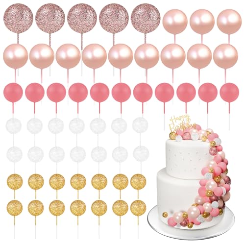 BOUBONI 60 Stück Tortendeko Kugeln Cake Topper Kuchen Kugeln Dekorationen Mini Ballons Tortenaufleger für Torte Dekorieren Geburtstag Party Babyparty (Glitzer Pink-Gold-Weiß) von BOUBONI