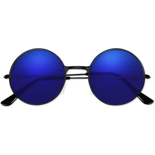 BOUBONI Hippie Sonnenbrille 70er Jahre Runde Hippie Brille Party Deko Sonnenbrille für Damen mit farbigem Brillenputztuch (Gespiegeltes Blau) von BOUBONI