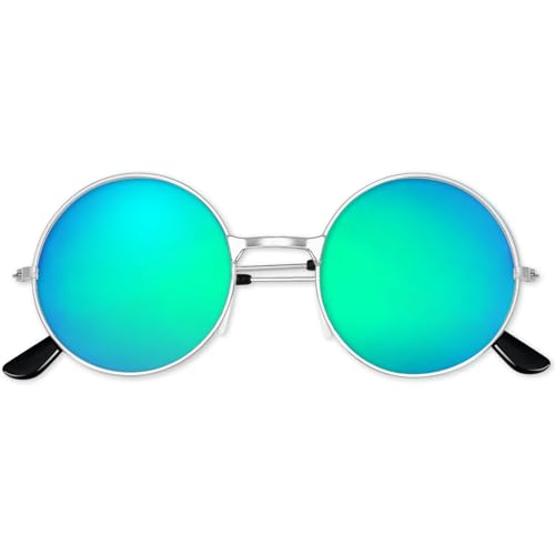 BOUBONI Hippie Sonnenbrille 70er Jahre Runde Hippie Brille Party Deko Sonnenbrille für Damen mit farbigem Brillenputztuch (Gespiegeltes Grün) von BOUBONI