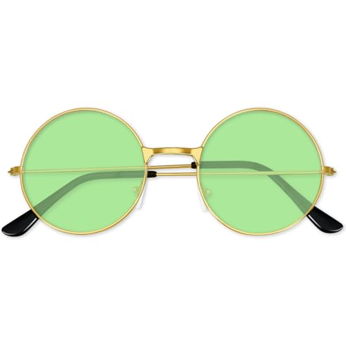 BOUBONI Hippie Sonnenbrille 70er Jahre Runde Hippie Brille Party Deko Sonnenbrille für Damen mit farbigem Brillenputztuch (Hellgrün) von BOUBONI