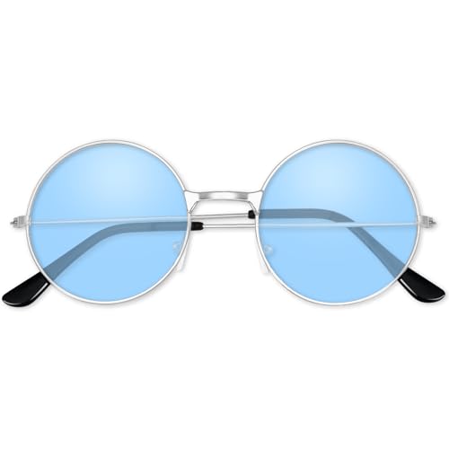 BOUBONI Hippie Sonnenbrille 70er Jahre Runde Hippie Brille Party Deko Sonnenbrille für Damen mit farbigem Brillenputztuch (Klares Blau) von BOUBONI