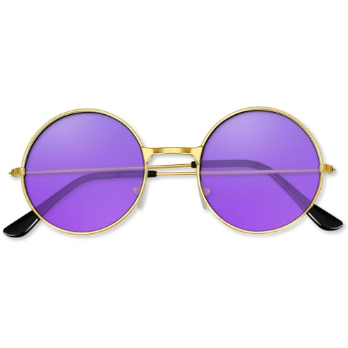 BOUBONI Hippie Sonnenbrille 70er Jahre Runde Hippie Brille Party Deko Sonnenbrille für Damen mit farbigem Brillenputztuch (Lila) von BOUBONI