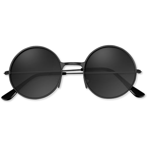 BOUBONI Hippie Sonnenbrille 70er Jahre Runde Hippie Brille Party Deko Sonnenbrille für Damen mit farbigem Brillenputztuch (Schwarzer) von BOUBONI