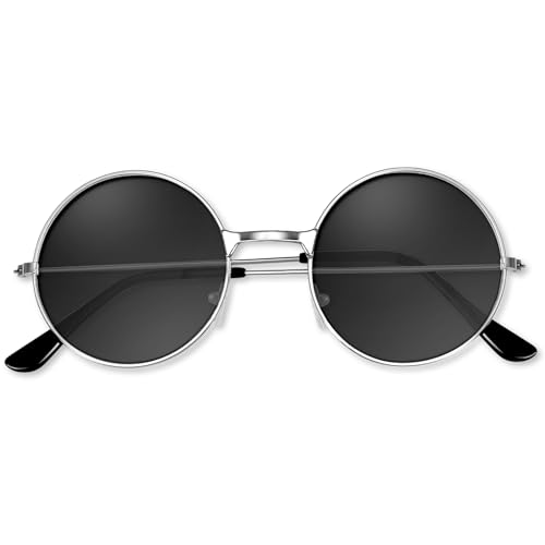 BOUBONI Hippie Sonnenbrille 70er Jahre Runde Hippie Brille Party Deko Sonnenbrille für Damen mit farbigem Brillenputztuch (Silberner Rahmen Schwarze Gläser) von BOUBONI