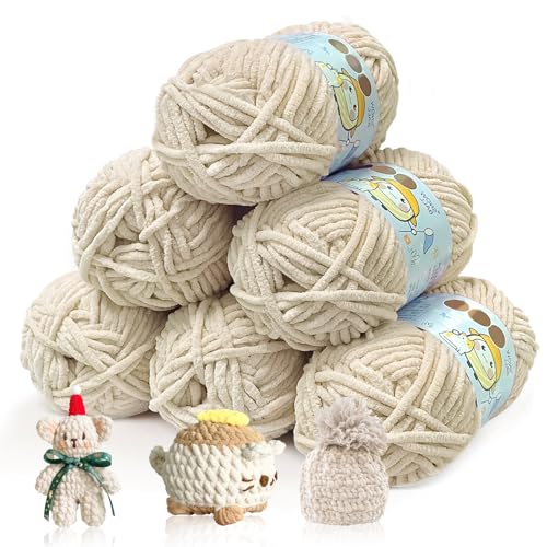 BOUFEIDA Chenille Chunky Wolle zum Häkeln Dickes Garn, 6 Rolle 50g Dicke Wolle zum Stricken, Velvety Baby Wool, Chenille Garn für Hüte, Schals, Socken, Tasche (Helles Khaki) von BOUFEIDA