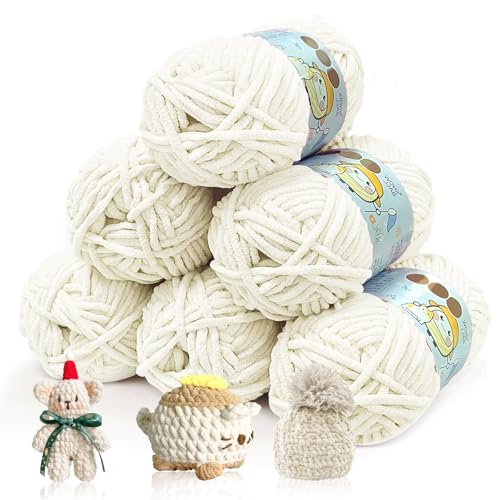 BOUFEIDA Chenille Chunky Wolle zum Häkeln Dickes Garn, 6 Rolle 50g Dicke Wolle zum Stricken, Velvety Baby Wool, Chenille Garn für Hüte, Schals, Socken, Tasche (Milchig weiß) von BOUFEIDA