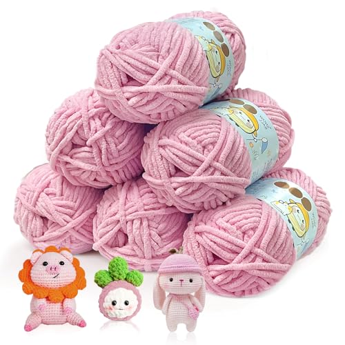 BOUFEIDA Chenille Chunky Wolle zum Häkeln Dickes Garn, 6 Rolle 50g Dicke Wolle zum Stricken, Velvety Baby Wool, Chenille Garn für Hüte, Schals, Socken, Tasche (Rosa) von BOUFEIDA