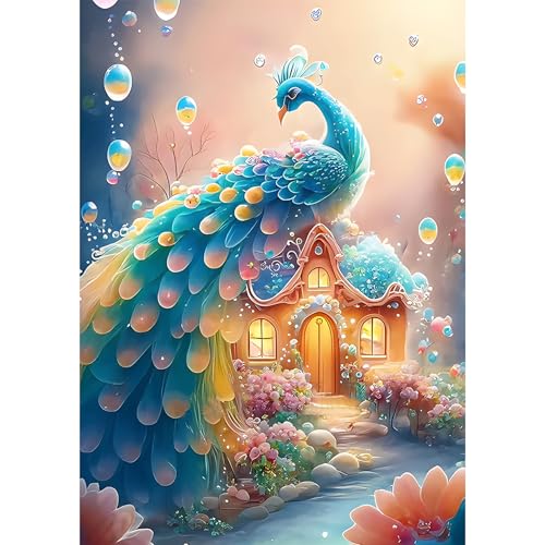 Bowetile 5D Diamond Painting Bilder Pfau Haus, Blume Tier Diamond Painting Set für Erwachsene und Kinder, Komplettes DIY Diamond Art Malen Stickset für Kreuzstichbilder, Wohnkultur 30x40 cm von Bowetile