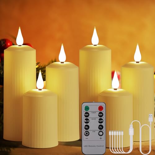BOWKA 6 Stück LED Kerzen Wiederaufladbar Außenbereich Kerzenlichter mit Fernbedienung Timer Wasserdichte Flackerndes warmweiß Dimmbar Stumpenkerze USB-Kabel für Hause Garten Weihnachten Deko 6stk./set von BOWKA