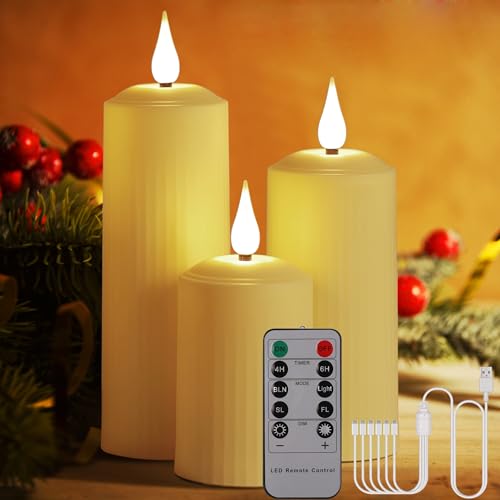 BOWKA LED Kerzen Außenbereich Kerzenlichter wiederaufladbar mit Fernbedienung und Timer Flackerndes warmweiß Dimmbar kabellos Stumpenkerze USB-Kabel Home Deco (3stk./set) von BOWKA