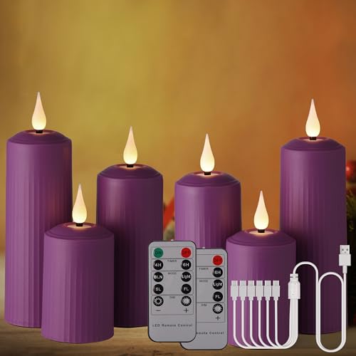BOWKA LED Kerzen Außenbereich Kerzenlichter wiederaufladbar mit Fernbedienung und Timer Flackerndes warmweiß Dimmbar kabellos Stumpenkerze USB-Kabel Home Saisonale Deko (Lila 6stk./Set) von BOWKA