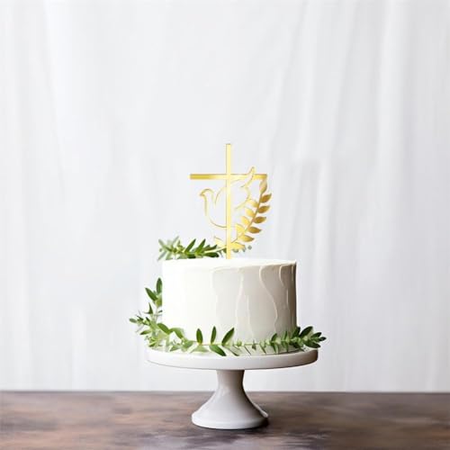 3 Stück Spiegel-Acryl-Kuchenaufsatz, goldfarbenes Tauben-Kreuz, Kuchendekoration für Taufe, Erstkommunion, T-Kuchen, religiöse Dekorationen, Kuchen von BOWTONG